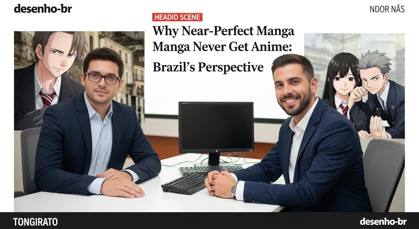 Editorial desk with manga volumes and a monitor displaying adaptation charts, representing analysis of manga-to-anime dy