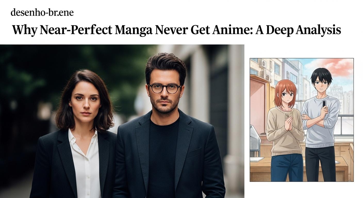 Manga page dissolving into an empty screen with Brazil flag colors representing adaptation gap.