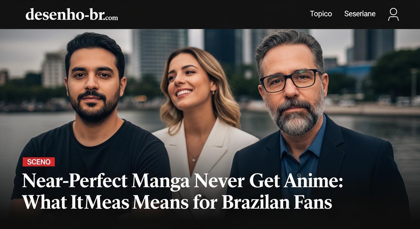 Analytical newsroom-style illustration about manga-to-anime adaptation discussions in Brazil
