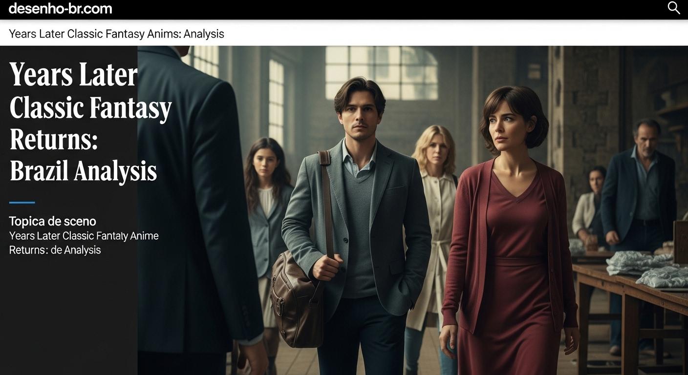 Promotional collage of a classic fantasy anime with a Brazilian urban backdrop