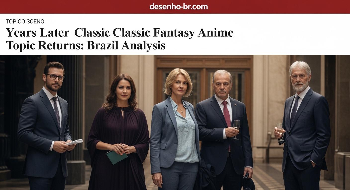 Promotional collage of a classic fantasy anime with a Brazilian urban backdrop